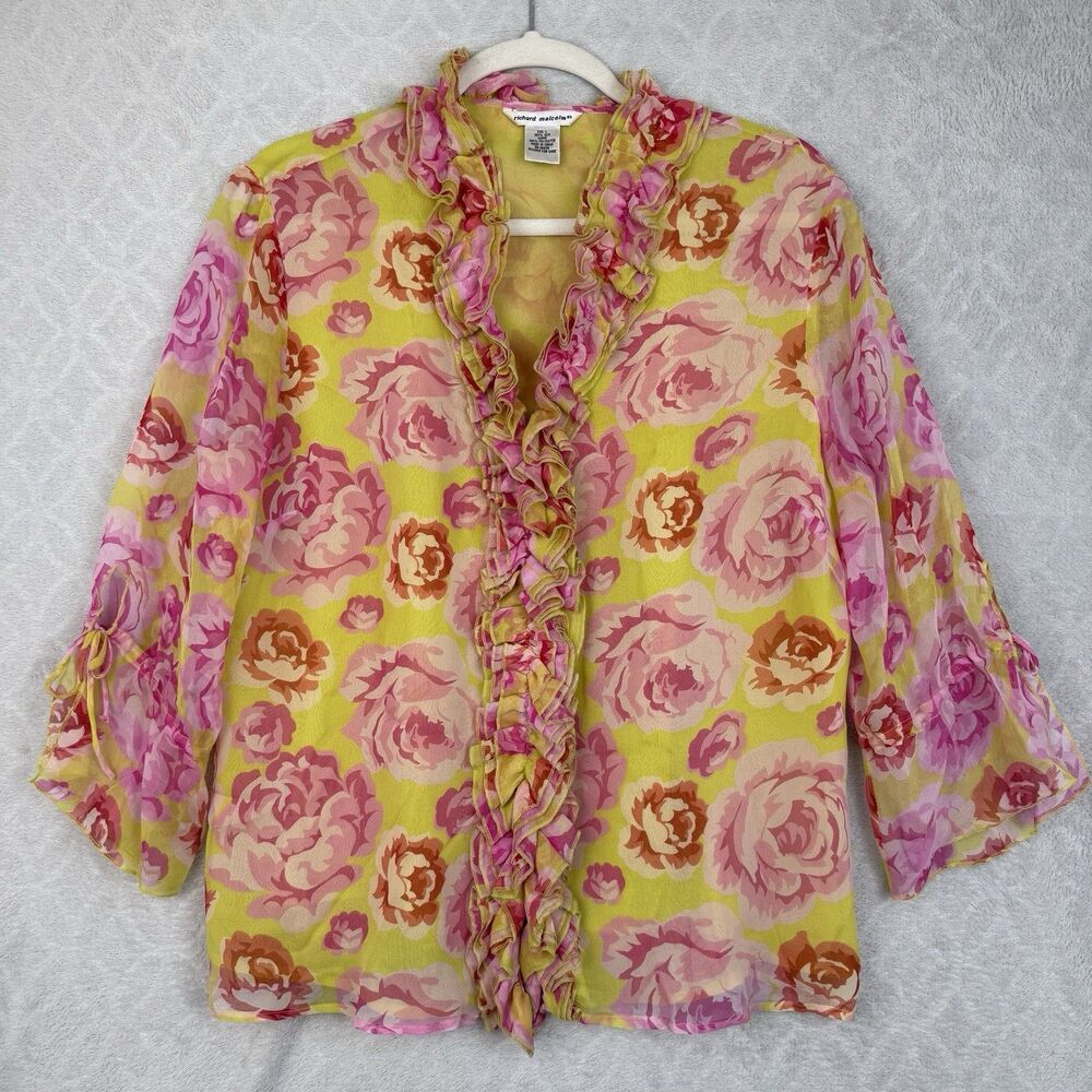 Vtg Richard Malcolm 100% Silk Top Large Floral Fairycore Whimsy Coquette 90s Y2K